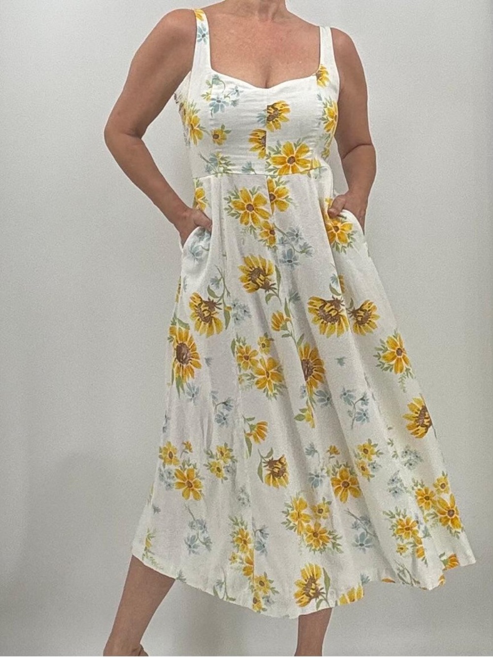 Old Navy NEW Romantic Sunflower Print Linen Cotton Summer Midi Dress NWT